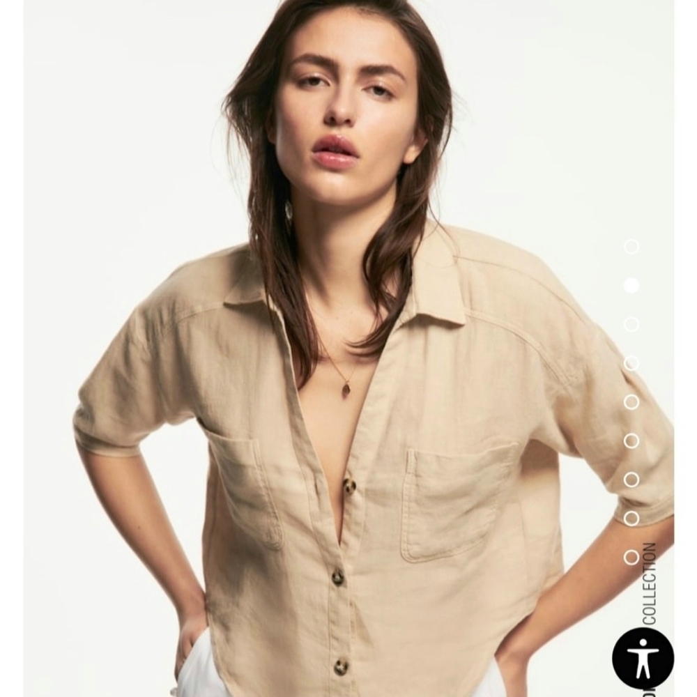 Zara Linen 'Tortoise' Tan Cropped Boxy Blouse Womens XS